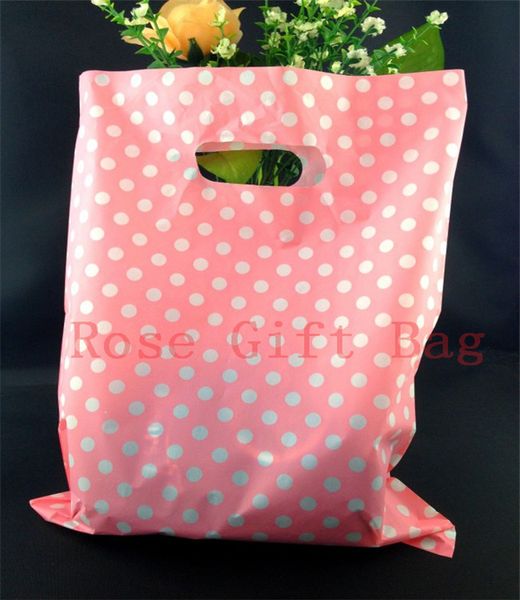 100 Uds 25x35cm diseño de puntos bolsa de regalo de plástico rosa joyería bonita ropa Boutique bolsas de embalaje bolsas de compras de plástico con asa