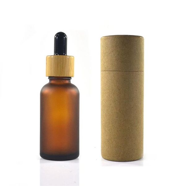 Bouteille en verre ambré givré de 30ml, 100 pièces, avec bouchon en bambou et tube en papier, échelle d'emballage dropper300P