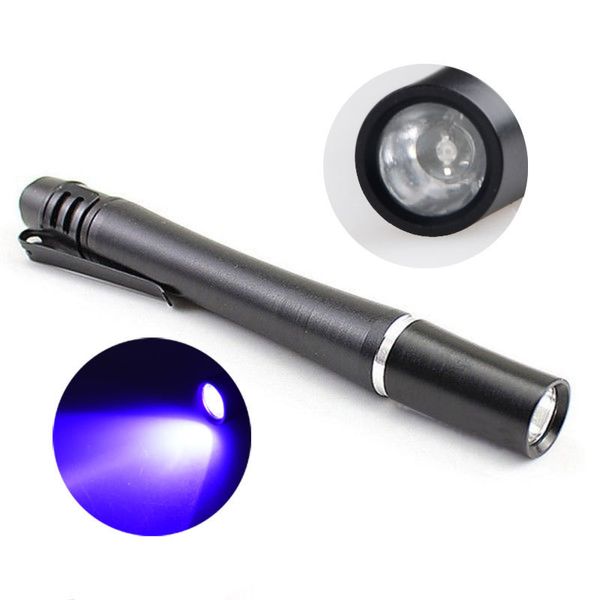 100 pièces 365nm 395nm Mini stylo UV torche LED lampe à lumière noire lampe de poche LED ultraviolette argent détecteur de taches d'urine animale