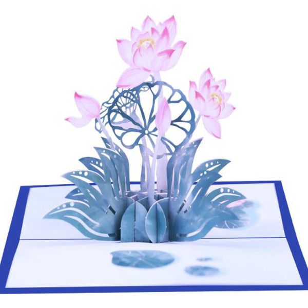 100pcs 3D Blooming Lotus Fleur Papier Cartes de vœux PostCard Thanksgiving Day Mère Anniversaire Cadeau Creative Creative