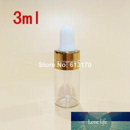 Bouteilles compte-gouttes vides en verre transparent de 3ml, 100 pièces, pour huile essentielle, échantillonnage de parfum, collier en caoutchouc blanc et doré, livraison gratuite