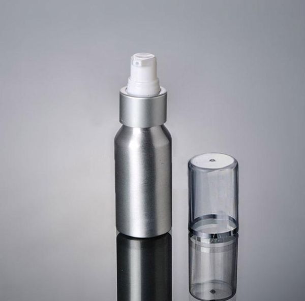 100 pièces 50 ml bouteille de Lotion à pompe en aluminium anneau en argent bouteille en métal en aluminium blanc bouteilles à pompe outil d'emballage cosmétique SN2694