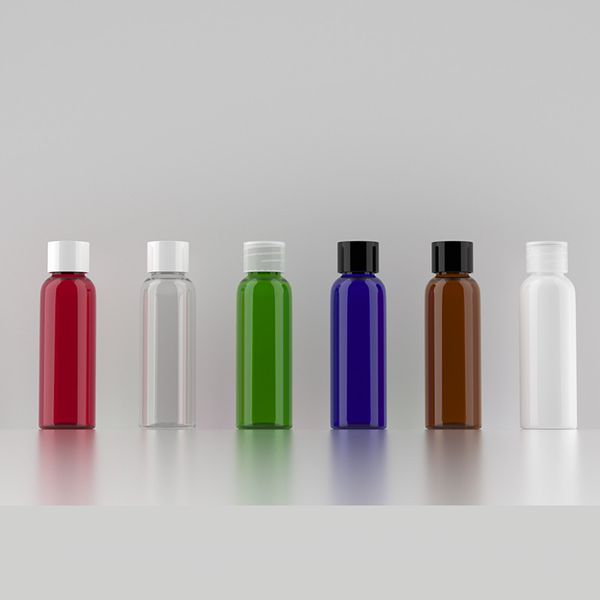 100 Uds. Botella vacía de plástico marrón/azul de 60ml, tapa de rosca negra/blanca, pequeñas botellas de viaje para embalaje cosmético, botella líquida
