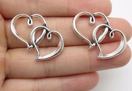 100 stks legering dubbele hart bedels antieke zilveren bedels hanger voor ketting sieraden maken bevindingen 30x18mm