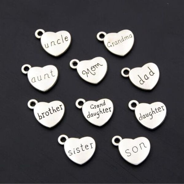 100 Uds. Colgantes de corazón de plata antigua para mamá, papá, hijo, colgantes para miembros de la familia, pulsera, collar, accesorios para hacer joyas, DIY 17304R