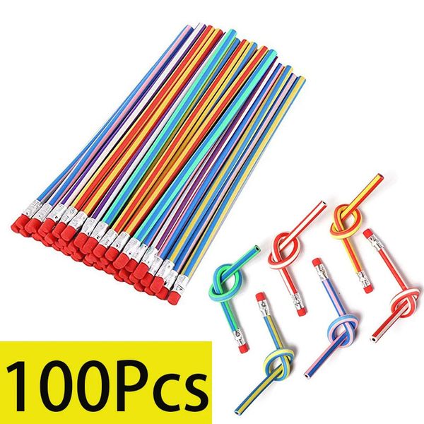 Lápices divertidos Bendy para niños, 100 Uds., lápices de goma suaves con rayas coloridas y flexibles mágicos con borradores para regalos en el aula 240118