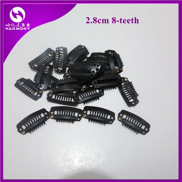 100pcs Black 8 teeth clips Snap Clips for Hair Extensions weft wig clips 28 mm long Free Shipping