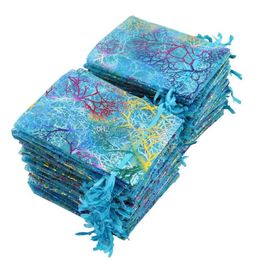 100 stks Blauw Koraal Organza Zakjes 9x12 cm Kleine Huwelijkscadeau Tas Leuke Snoep Sieraden Verpakking Zakken Trekkoord Pouch339h