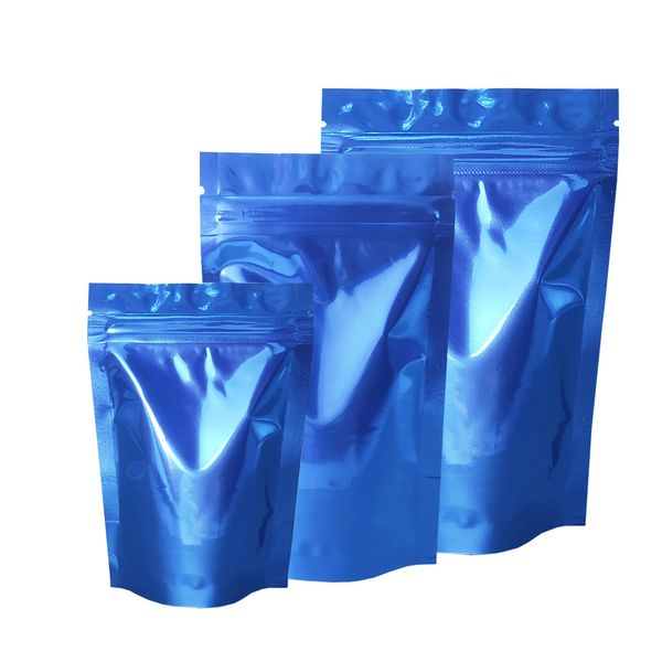 100 Uds. Bolsa azul con cremallera Doypack de papel de aluminio resellable, paquete de bolsas de Mylar para almacenamiento de alimentos a granel, aperitivos y frutas secas