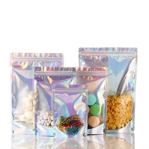100 pièces sacs d'emballage debout de perles claires et holographiques coloré arc-en-ciel fermeture éclair joint Mylar pochettes en aluminium couleur pochette d'emballage réfléchissante