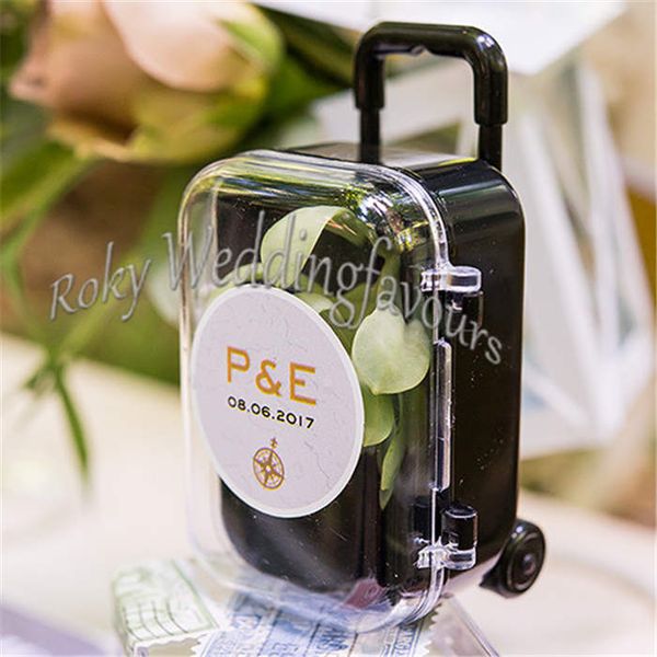 ENVÍO GRATIS 100 UNIDS Clear Mini Rolling Travel Maleta Favor Box Wedding Favors Party Reception Candy Package Baby Shower Ideas