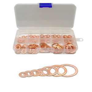 100pcs Écrou de joint de lave-cuivre et boulon Kit d'assortiment de joint à anneau plat avec boîte M4 / M5 / M6 / M8 / M10 / M12 / M14 pour les bouchons de carter