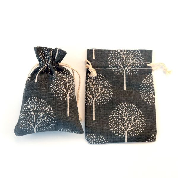 Sac en tissu de coton 10x14cm, 100 pièces, sac cadeau de fête en lin d'arbre noir, ensemble de bijoux, pochette de maquillage, sacs d'emballage de maquillage