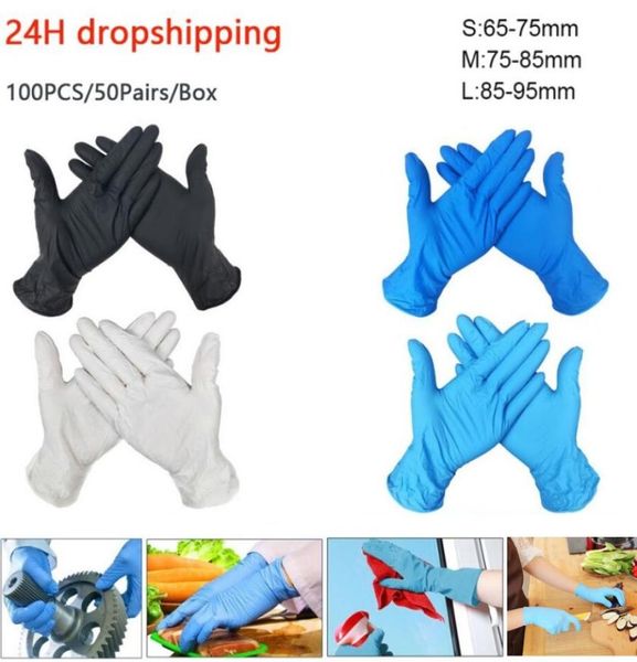 100 pièces gants en Latex jetables noir blanc bleu antidérapant en caoutchouc gants de protection en Nitrile pour le travail universel jardin ménage Clea7677336