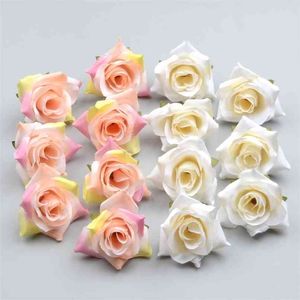 100 PCS DIY Artificielle Blanc Rose Soie Fleurs Tête Pour La Maison De Mariage Partie Décoration Guirlande Cadeau Boîte Scrapbooking Faux Fleurs 210925