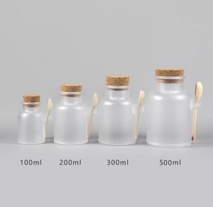 100 pièces vide 100g 200g 300g 500g ABS bouteille de sel de bain en plastique 200 ml bouteille en plastique de poudre avec pot en liège cuillère en bois SN4959