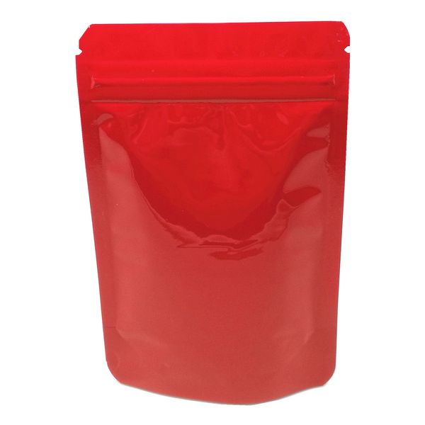 100 Pcs Rouge Brillant Stand Up Mylar Foil Bag avec Fenêtre Transparente Zip Lock Self Seal Tear Notch Food Coffee Bean Storage Pack Pochettes