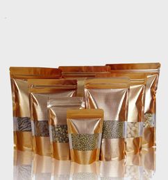 100 stuks goud reliëf staande verpakking rits ritssluitingszak met helder venster reseslable verpakking mylar gouden zakje tassen7809471