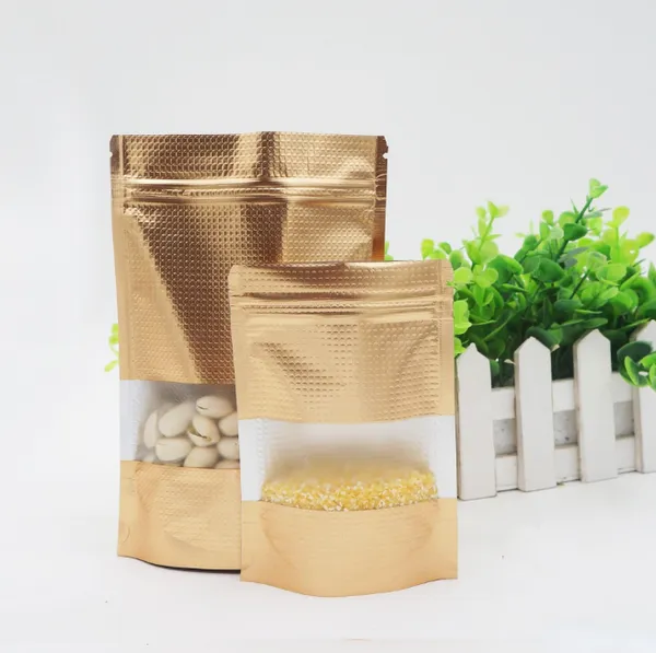 100pcs or embossé debout emballage fermeture éclair ziplock sac avec fenêtre transparente emballage refermable mylar sacs de poche dorés qualité