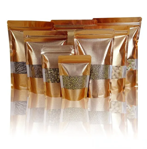 100pcs or embossé debout emballage fermeture à glissière ziplock sac avec fenêtre transparente emballage refermable mylar sacs de poche dorés en gros