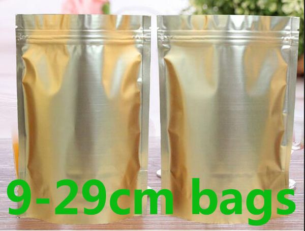 100 unids Golden Soporte reclosible de aluminio Bolsas de bloqueo de cremallera con cremallera de aluminio metálico Pollo de plástico con cremallera Seal 9-29cm Bolsa al por mayor