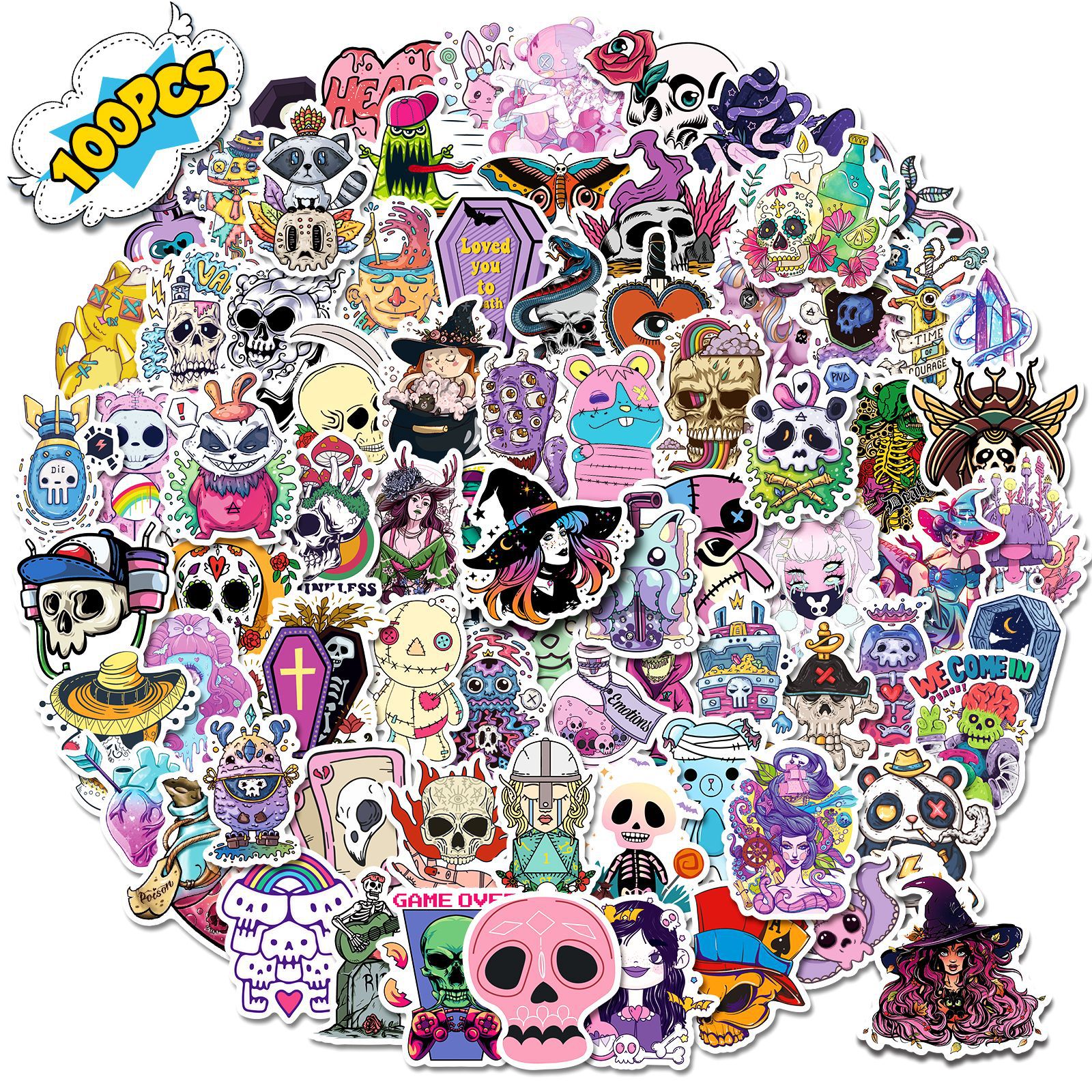 100PCS Gothic Style Skull Graffiti Stickers Purple White Black Horrible Witch Ghost Cartoon Punk personality DIY Stickers Waterproof Removable