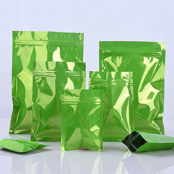 100 Uds. Bolsas de embalaje con cierre de cremallera plana brillante de varios tamaños, color verde, embalaje con cierre de cremallera, bolsa de almacenamiento de alimentos y dulces, bolsas de plástico para café y té