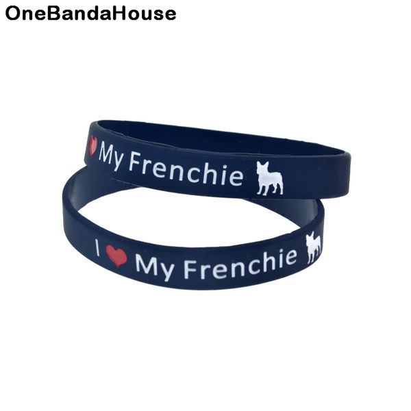 100 pièces j'aime mon Frenchie Bull Terrier Bracelet en caoutchouc de Silicone rempli d'encre Logo taille adulte noir