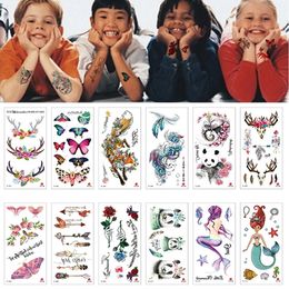 100 stuks kinderen tijdelijke tattoo groothandel dier wolf vos panada zeemeermin kat vlinder bloem hart sticker lichaam arm meisjes toterm 240311