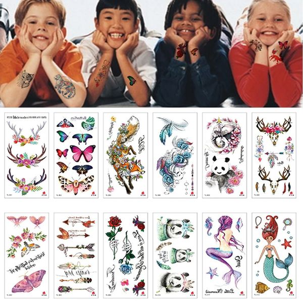 100pcs niños Tatuaje temporal Mayores Animales Wolf Fox Panada Panada Mermaid Cat Butterfly Flower Sticker Body Brazo Girls Toterm 240311