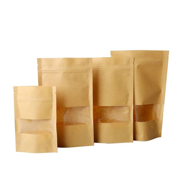 Bolsa de papel Kraft de pie para regalo, alimentos secos, frutas, té, contenedores de comida, bolsas con cremallera al por menor, bolsas autosellantes W4
