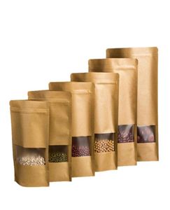 100pcs Kraft Paper Stand Up Sac à fermeture éclair avec fenêtre Sceau de chaleur de fermeture à fermeture éclair à fermeture éclair refermable pour emballage alimentaire 3090935