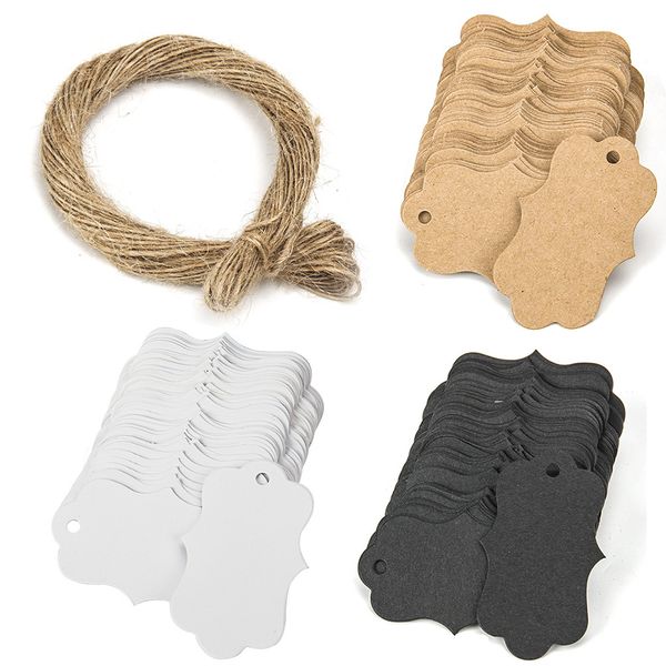 100pcs Kraft Paper Tags avec chanvre Corde Prix Étiquettes Vêtements Cartes suspendues Blanc / Black / Brown Note d'emballage DÉCOR DE CADEAU DIY