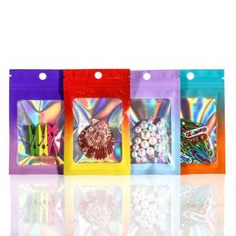 100 Uds. Bolsa de plástico de papel de aluminio con láser, bolsas de sellado de alimentos con gradiente de Color, bolsa transparente con cremallera
