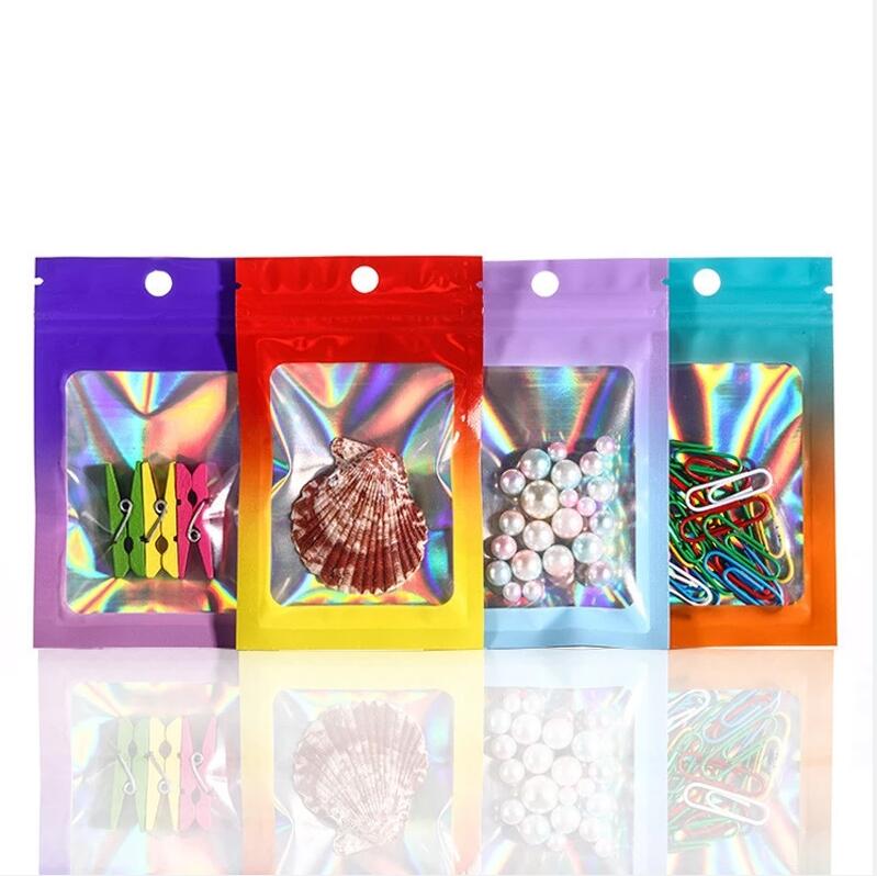 100 Uds. Bolsa de plástico de papel de aluminio con láser, bolsas de sellado de alimentos con gradiente de Color, bolsa transparente con cremallera