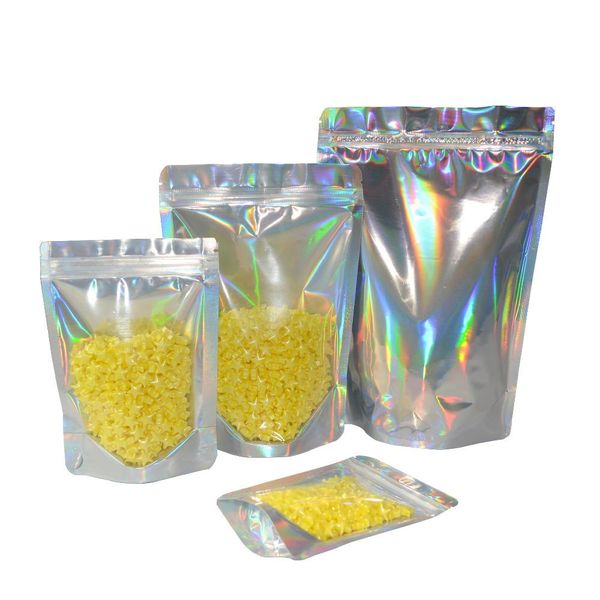 Livraison gratuite 100 pièces hologrammes laser couleur en plastique Stand Up sac à fermeture éclair pochette sacs en aluminium holographique argent sac à fermeture éclair