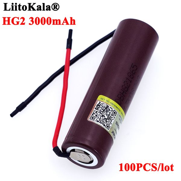 100 pièces Liitokala HG2 18650 3000mAh batterie Rechargeable 18650HG2 3.6V décharge 20A, batteries dédiées + câble de gel de silice bricolage