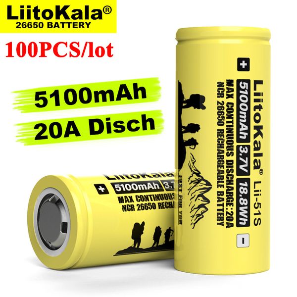 100 pièces Liitokala LII-51S 26650 20A batterie au lithium rechargeable 26650A 3.7 V 5100mA adapté pour lampe de poche
