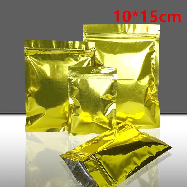 100 Pcs/Lot 10*15 cm fermeture éclair dorée feuille d'aluminium Valve paquet de fête pochettes Ziplock café poudre noix Mylar emballage sacs