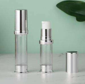 100 stks / partij 10 ml zilver / goud airless fles plastic lotion flessen met pomp voor cosmetische verpakking SN3047