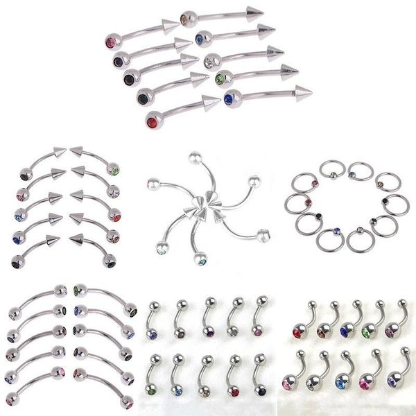 100pcs / lot 10 Styles Cristal Strass Nombril Nez Anneau Oreille Stud Ventre Langue Lèvre Corps Piercing Plug Tunnel Bijoux En Gros Q jllCDB