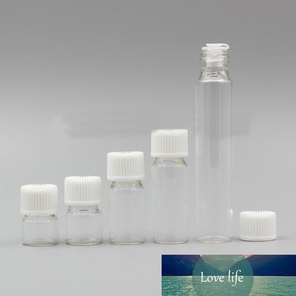 100pcs/lote 1 ml/2/3/5/10ml de perfume botellas de aceite esencial Botella de vaso transparente Capa blanca con tapón para tapón para cosmético