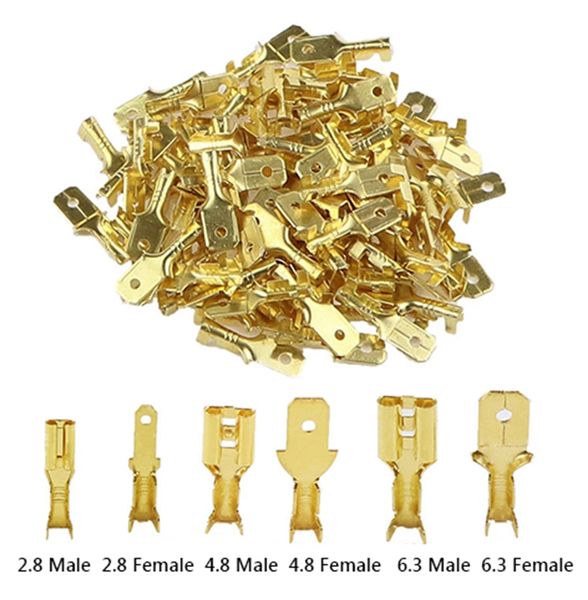 100pcs/lote 2.8/4.8/6.3 mm Conector terminal de enjuague y masculino Brass/altavoz de automóvil plateado Conectores de alambre eléctrico 50 s