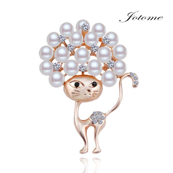 100 unids / lote 2017 de China al por mayor más nuevo diseño de moda oro cristalino Rhinestone diamante perla gato Animal escudo broche pin