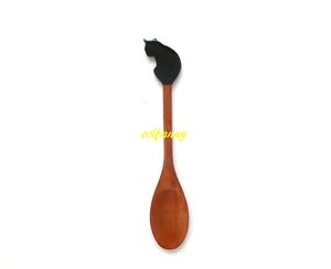 100pcs/lot 21x3cm Lovely Cat Shape Wooden Spoon Ice Tea Wood Spoon Cake Coffee cream spoon tableware