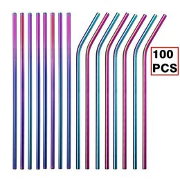 100 Pcs/Lot 304 pailles à boire en acier inoxydable réutilisable en métal droite courbée paille écologique fête Bar Drinkware fournitures 240304