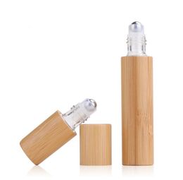 100 stks / partij 3 ml 5 ml10ml natuurlijke bamboe roll on flessen navulbare lege essentiële olieresfles parfum stalen roller bal glas-fles SN2713