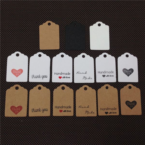 100pcs / lot 3x2cm DIY Kraft Paper Cardboard Hanging Tag merci à la main avec amour pour les chaussures de vêtements