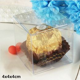 Boîte d'emballage cadeau transparente en PVC de 4CM, 100 pièces/lot, conteneurs carrés en plastique, bijoux, bonbons, serviette, étui à gâteaux pour cadeaux de mariage