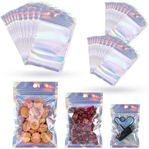 100pcs emballage ziplock 6x8cm 12X20cm sacs d'emballage en plastique refermables sacs en aluminium holographique pochette anti-odeur pour le stockage des aliments